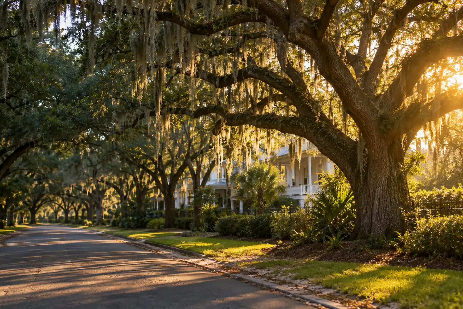 Live oaks draped in Spanish moss in the Charleston area